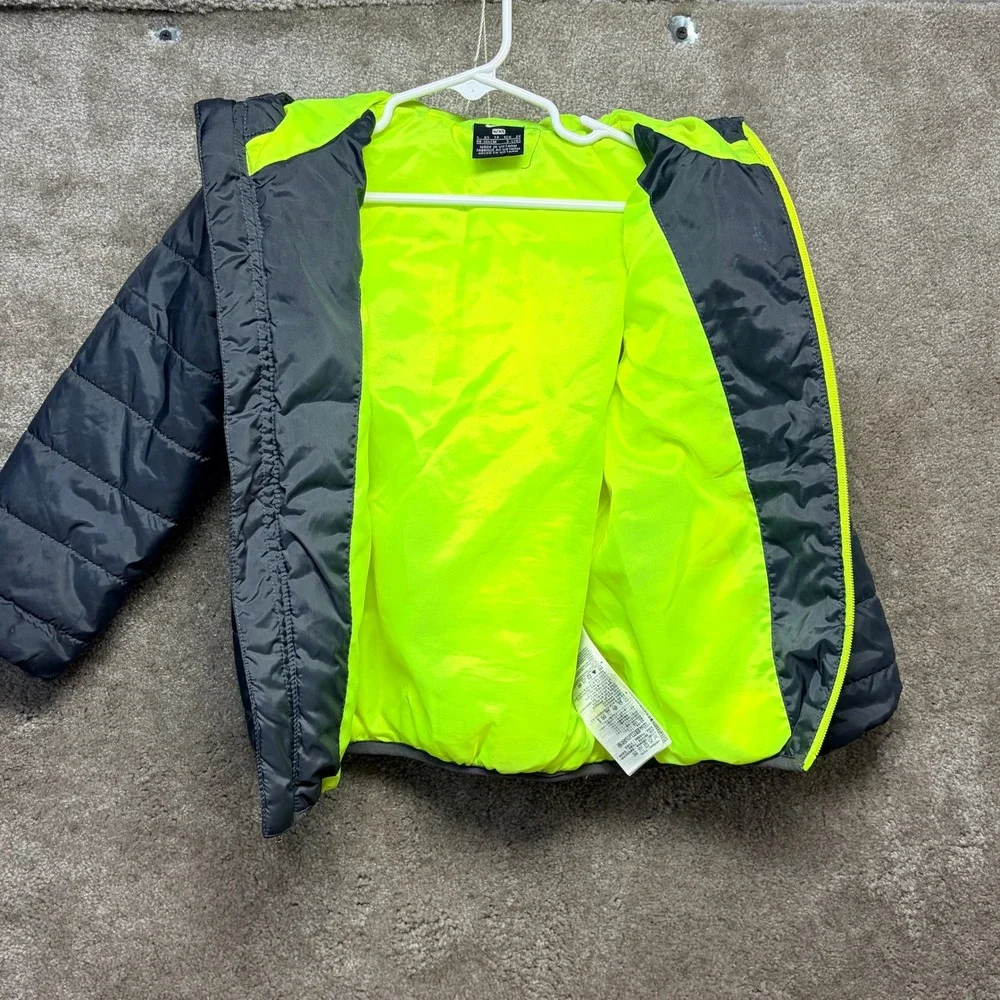 Nike Kids Puffer Jacket Grey Neon Yellow Hooded Full Zip Size 4 XS 3-4 Years